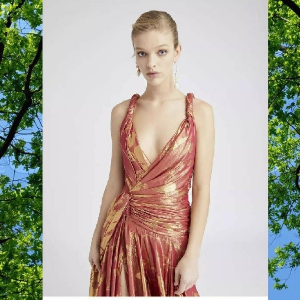 *$8,000 NWT OSCAR DE LA RENTA RED ORANGE GOLD SILK RUNWAY GOWN US 0 XS - Picture 7 of 11